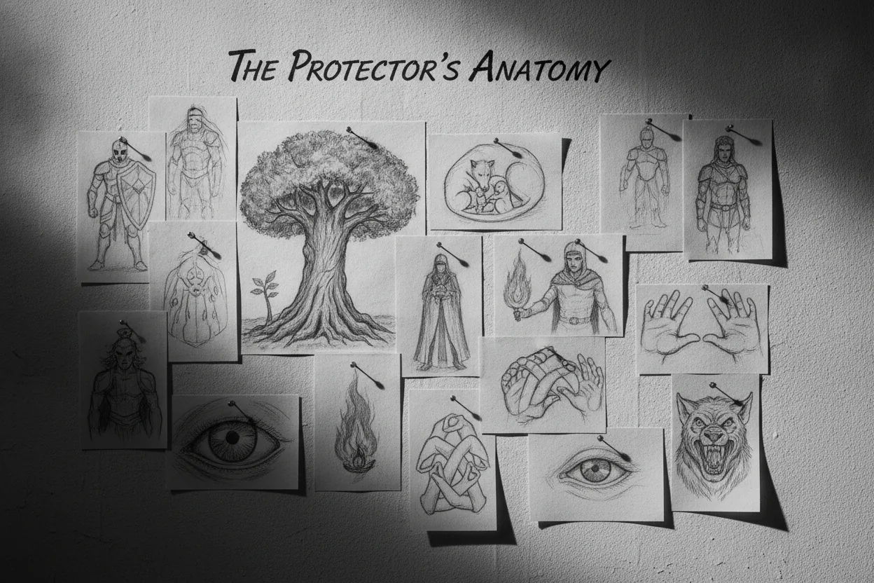 Several character sketches pinned on a wall, each depicting different aspects of protectiveness, in high-contrast black and white.