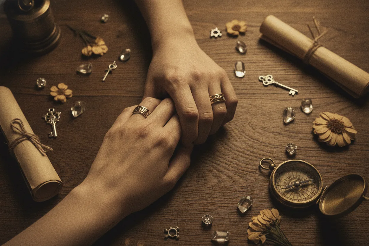 Close-up of two hands with wedding rings touching on a wooden table with magical trinkets.