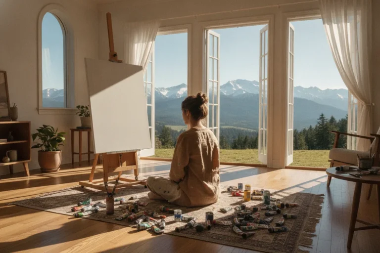 A woman sitting cross-legged in front of a large painting canvas, surrounded by paint, with mountains visible through open windows in the background.