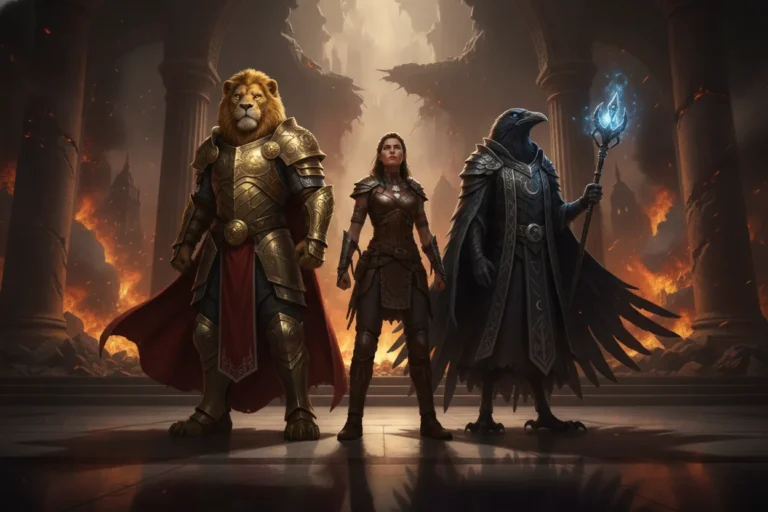 A wide shot of a grand, opulent court with two opposing figures standing over a human woman. Flames are in the background, casting dramatic shadows.