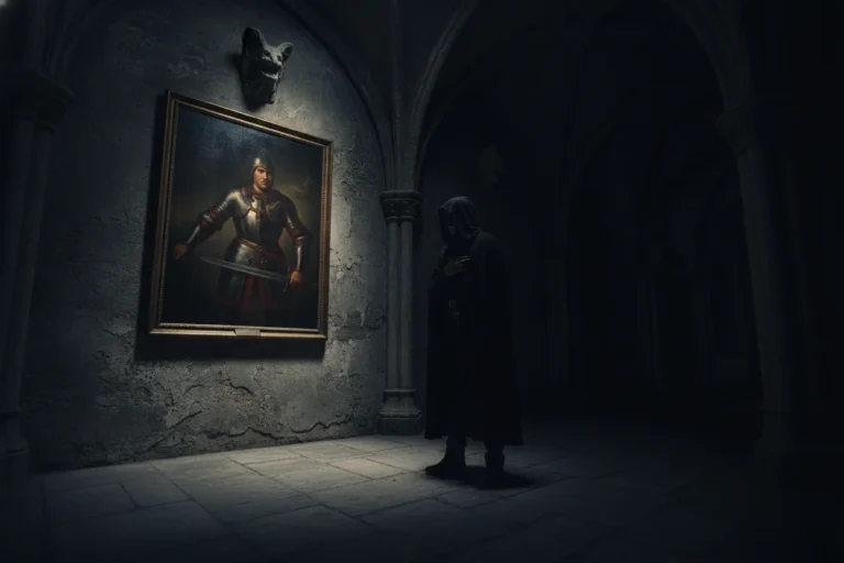 A silhouetted man in a long coat stands in a shadowy corridor, looking at a large oil painting on the wall depicting a battle scene.