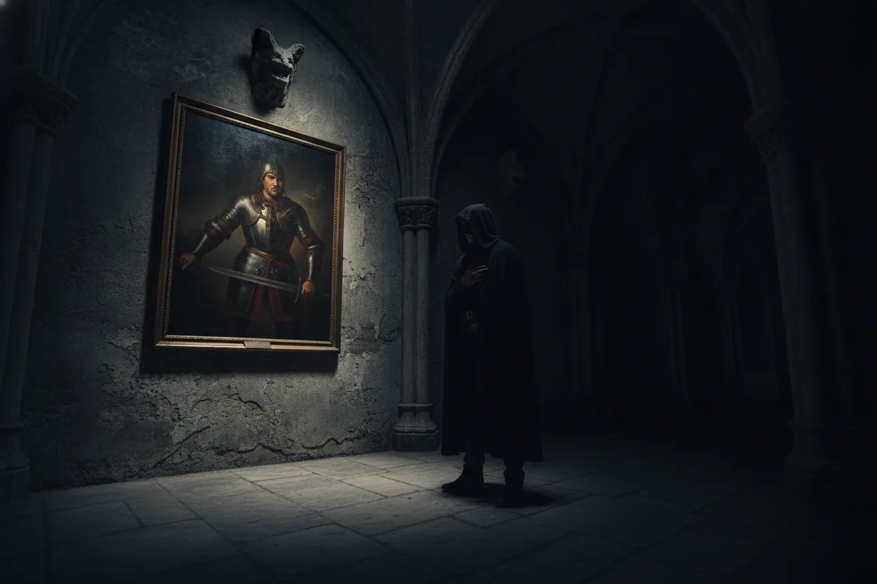 A silhouetted man in a long coat stands in a shadowy corridor, looking at a large oil painting on the wall depicting a battle scene.