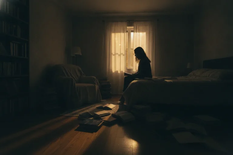 A woman sitting on the edge of a bed, room dimly lit, an array of books spread around.