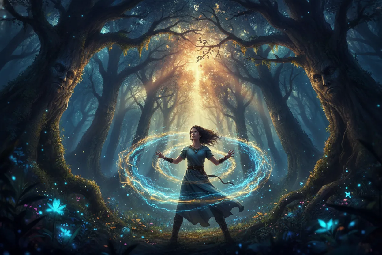 A dimly lit mystical forest with glowing spirals encircling a young woman standing among towering trees.