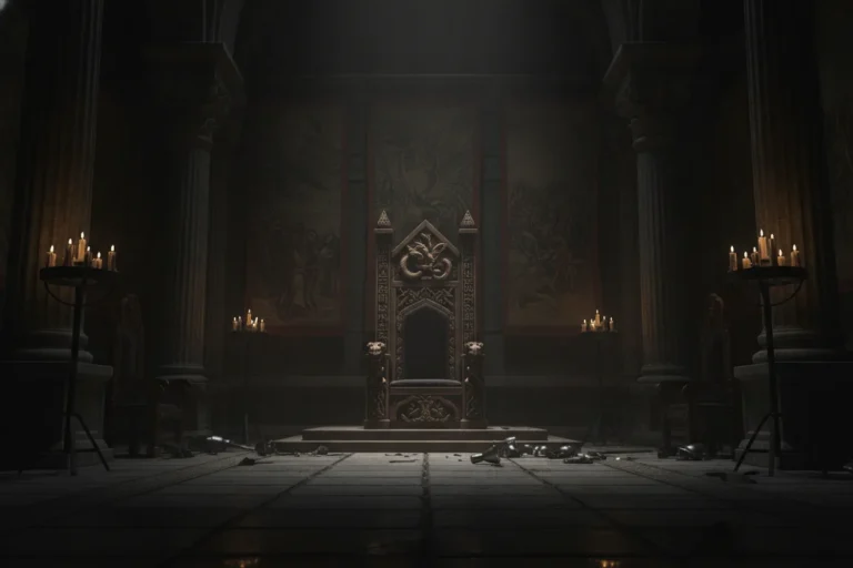 A majestic throne with intricate carvings in a dimly lit room surrounded by ornate tapestries and candelabras.