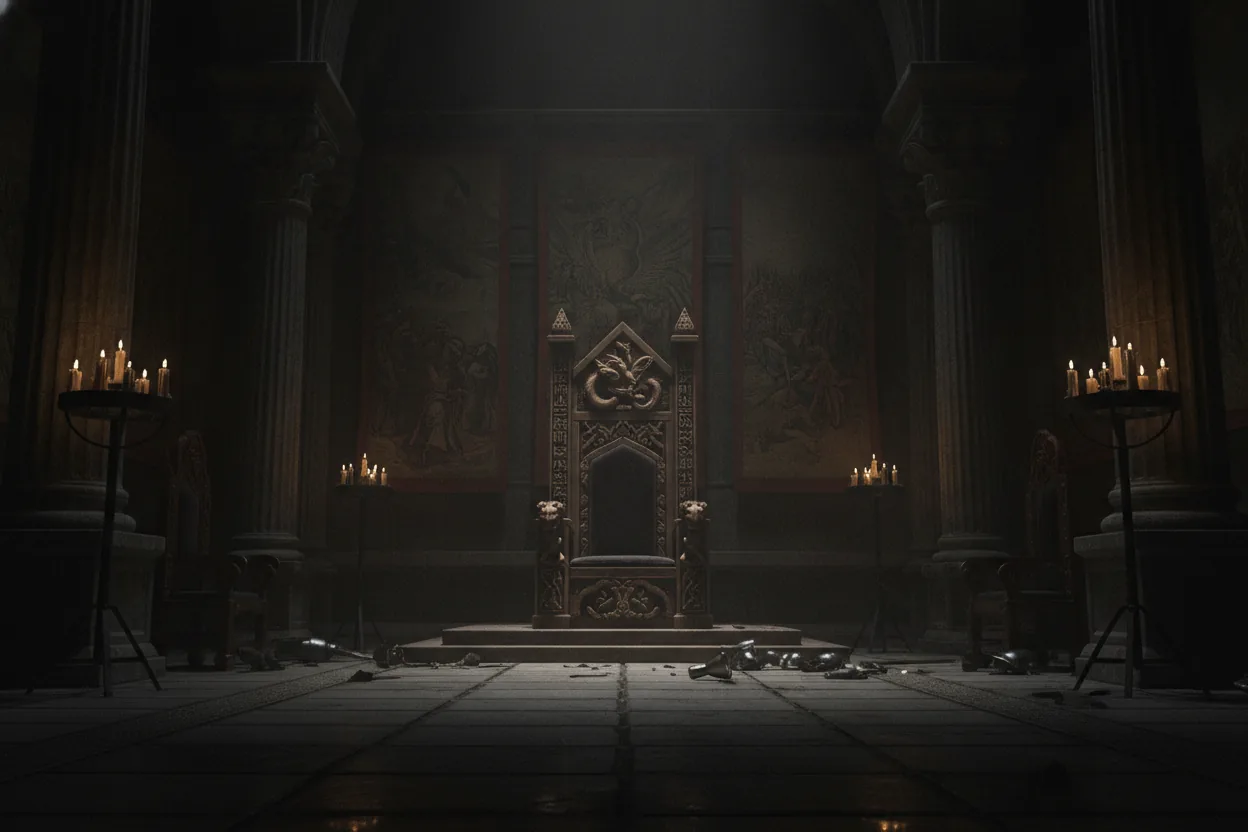A majestic throne with intricate carvings in a dimly lit room surrounded by ornate tapestries and candelabras.