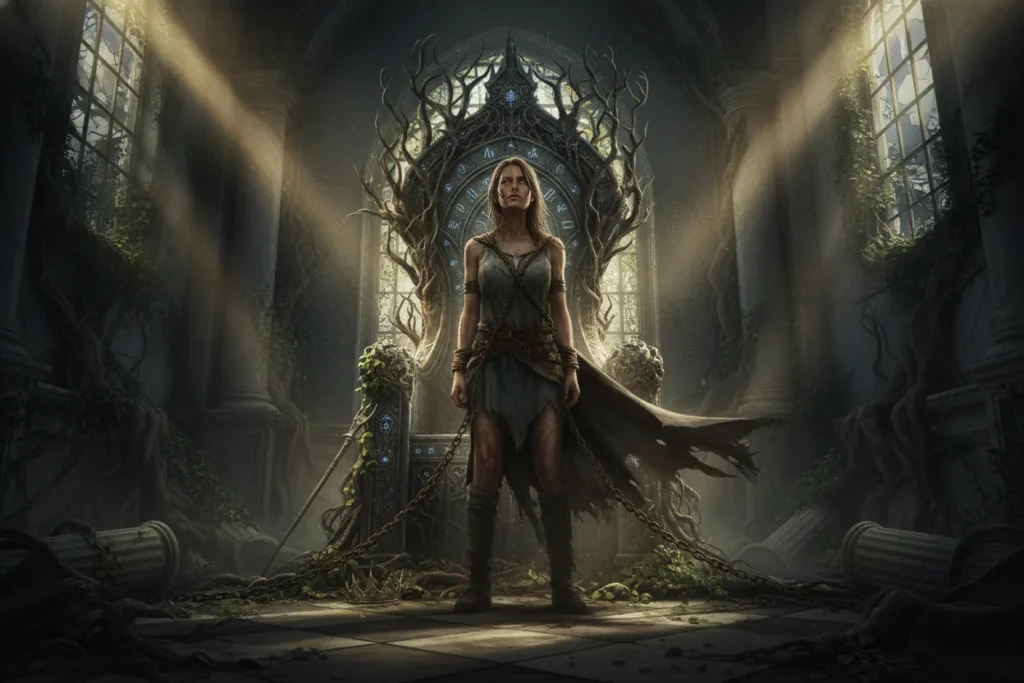 A determined woman in tattered clothing is chained to a grand throne in an opulent, overgrown room. Dusty beams of light highlight her resolute expression.
