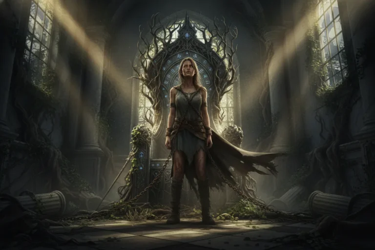 A determined woman in tattered clothing is chained to a grand throne in an opulent, overgrown room. Dusty beams of light highlight her resolute expression.