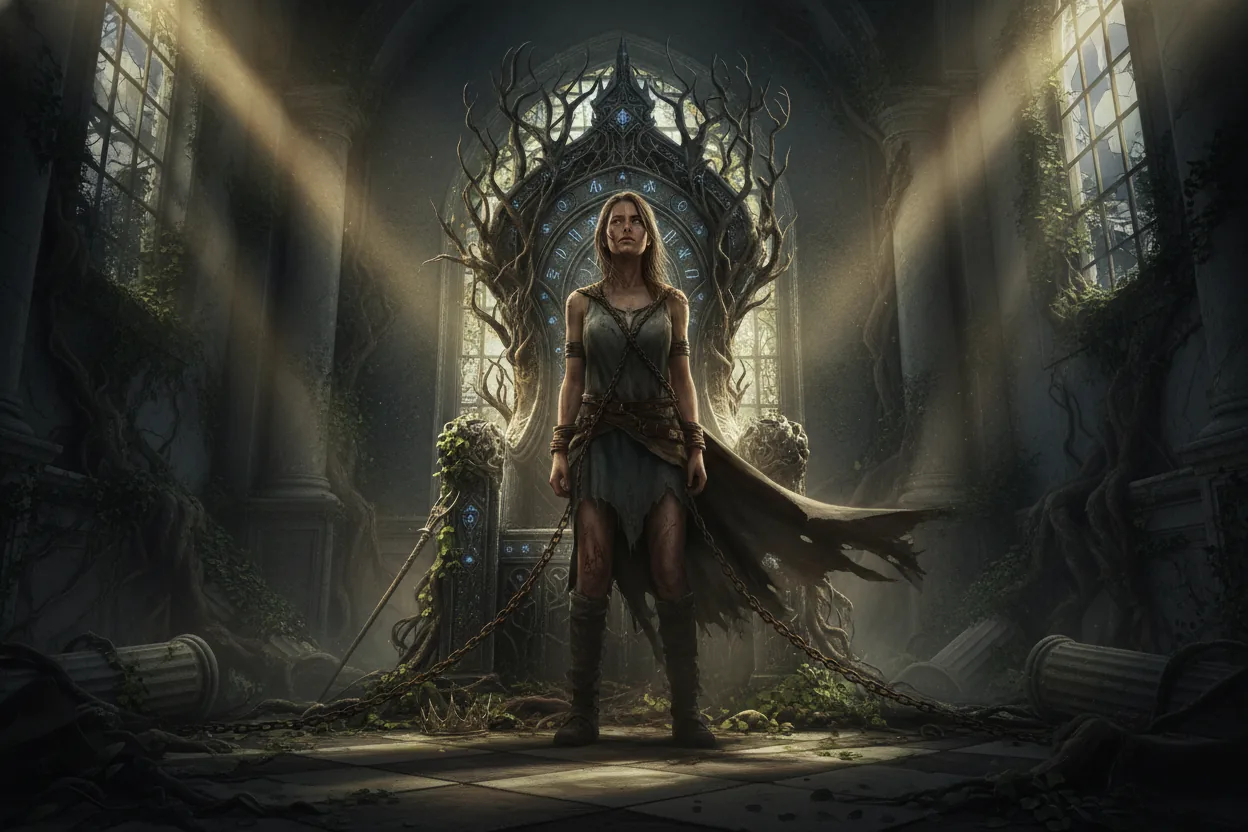 A determined woman in tattered clothing is chained to a grand throne in an opulent, overgrown room. Dusty beams of light highlight her resolute expression.