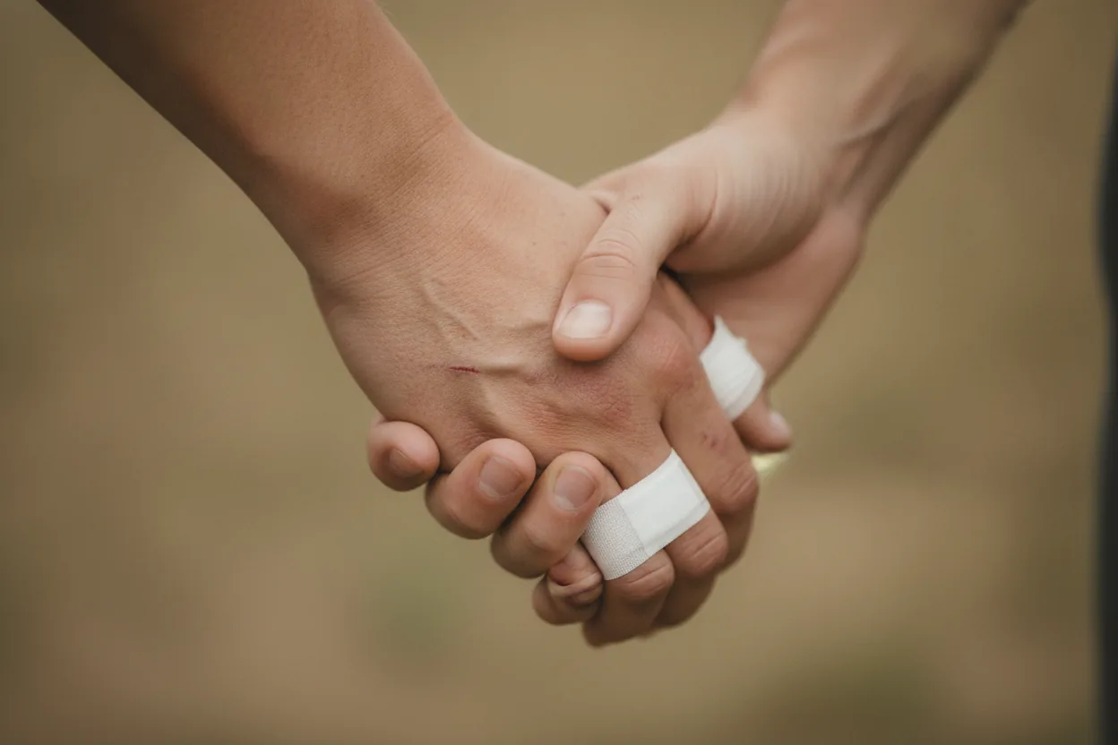 A close-up of two hands clasping, one of which has scratches and bandages.