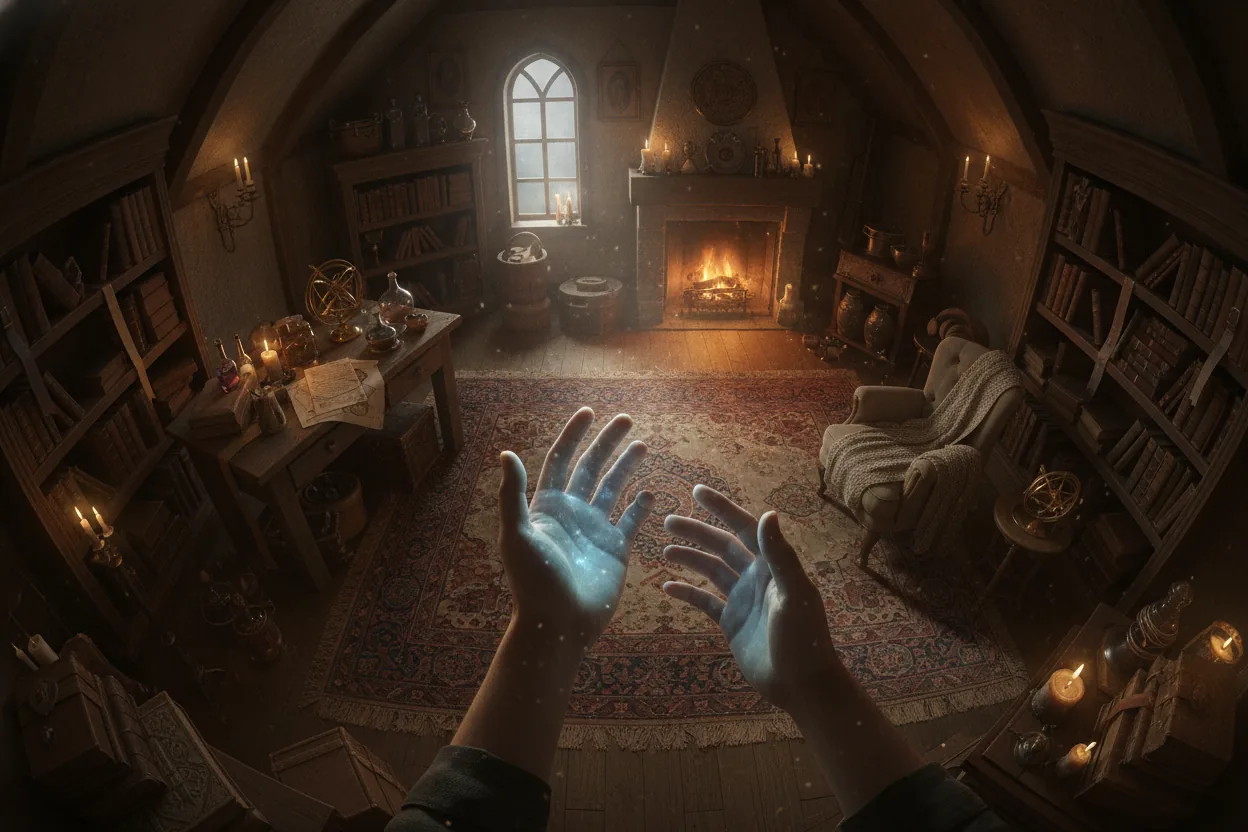 An attic filled with books and magical objects, with one glowing hand reaching towards another amidst warm lighting.