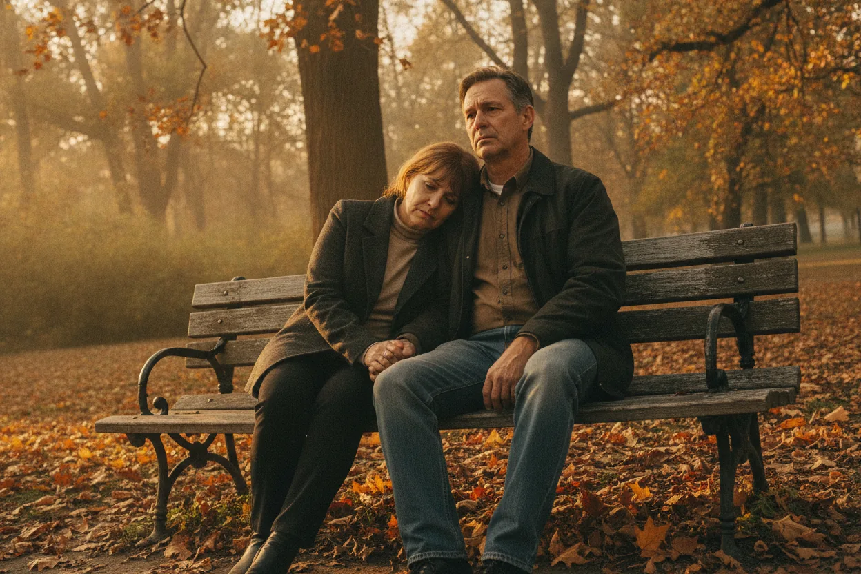 A couple sitting on a park bench, looking at each other with intense expressions, surrounded by autumn leaves.
