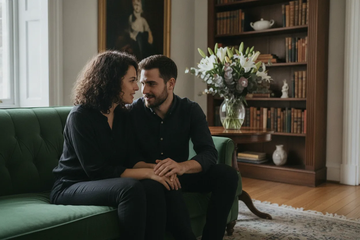 A couple in earnest conversation on a velvet sofa in a plush, decorated living room.
