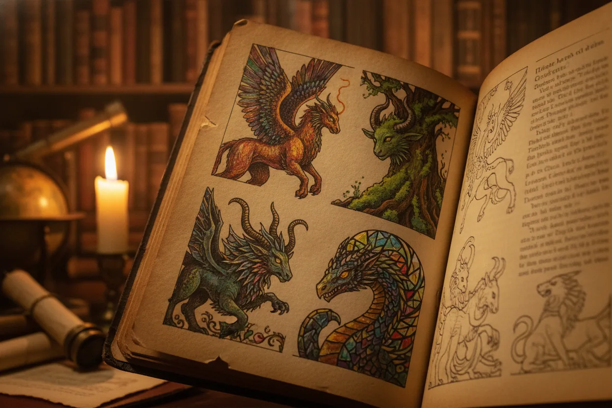 Macro shot of an open book page with vibrant illustrations and warm candlelight, set in a blurred cozy study room.