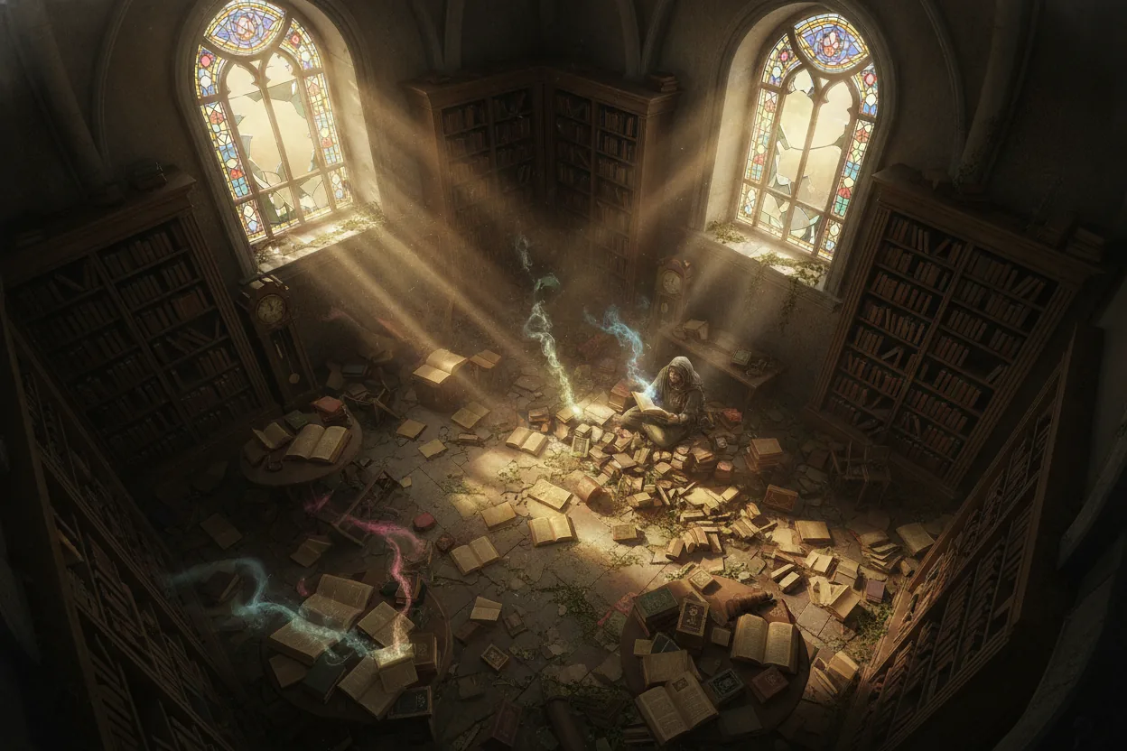 High-angle wide shot of a deserted library with scattered magical tomes, light filtering through a shattered window, a person reading in the corner.