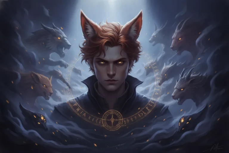 A fictional character with a foxlike eye stands surrounded by mist, suggested by Lucien Vanserra descriptions.