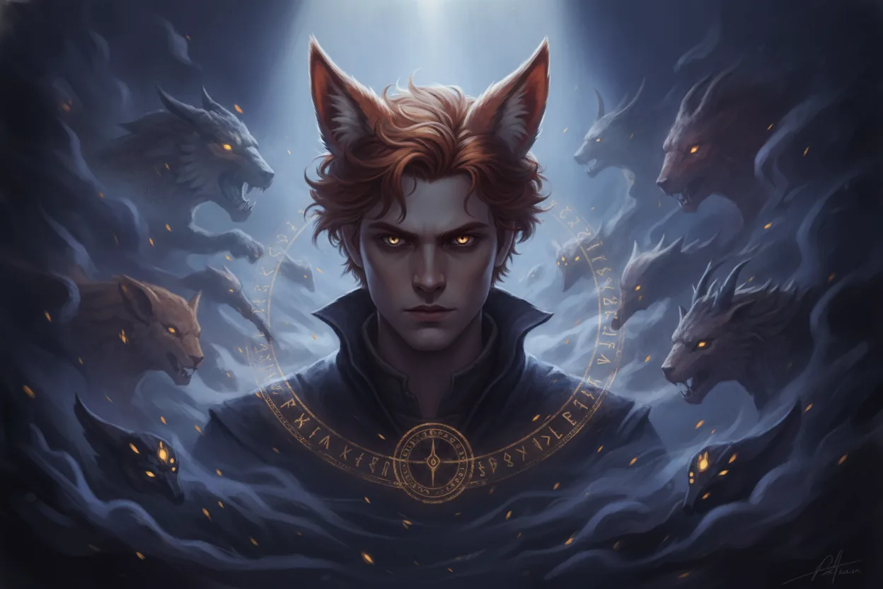 A fictional character with a foxlike eye stands surrounded by mist, suggested by Lucien Vanserra descriptions.