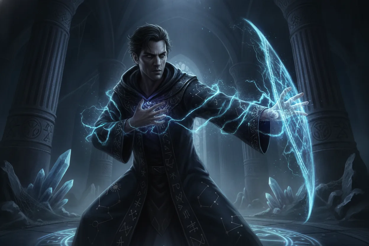Medium, low-angle shot of a man in an arcane stance, gripping his chest with ethereal energy around him in a shadowy mystical chamber.