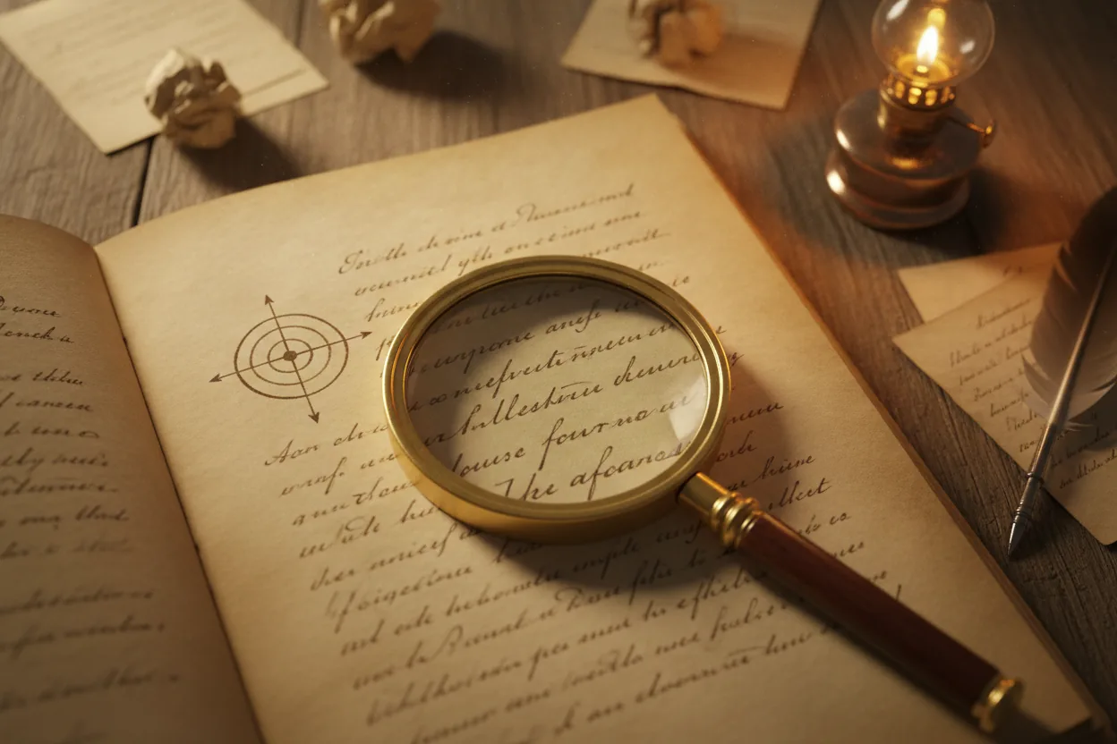 A magnifying glass zooming in on a symbol on an open book page, surrounded by notes.