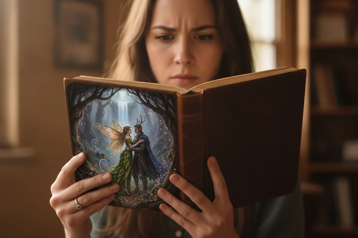 Close-up of a woman's hands holding an open book showing a colorful illustration of a fae love triangle.