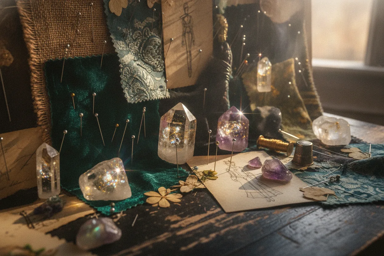 Close-up of a mood board with pins, fabric swatches, and crystals.