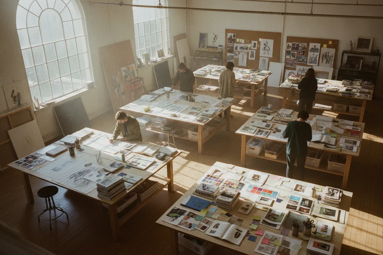 A studio full of creative materials and people working on mood boards, with books and sketches visible.