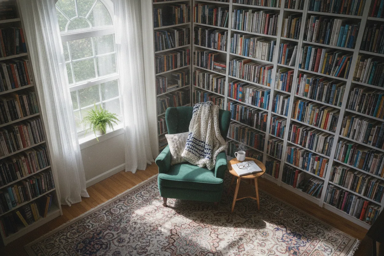 A cozy reading nook with an armchair, books scattered around, and light streaming through a window.