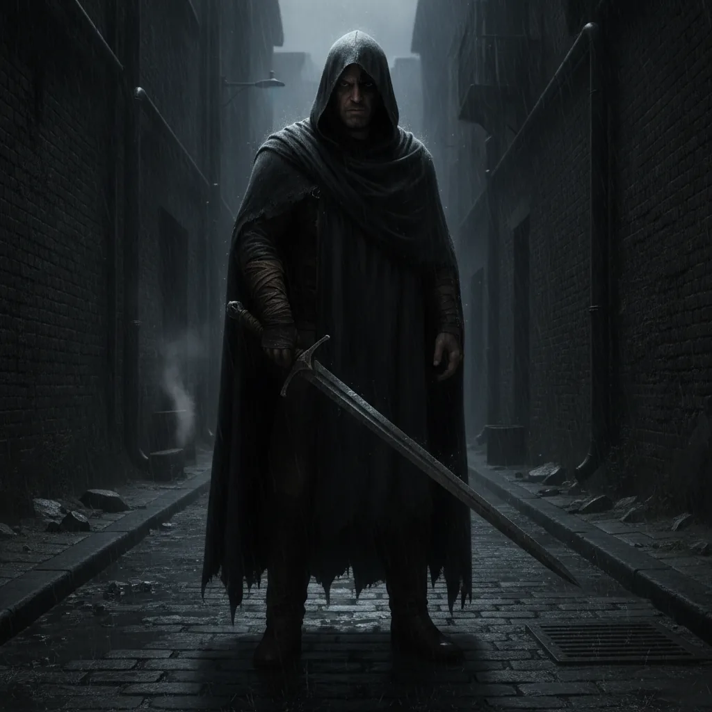 A cloaked antihero with a bent sword, half of his face in shadow, stands in a rain-soaked alley.