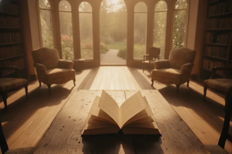 An open book on a wooden table in a sunlit room, pages slightly turning with the wind.