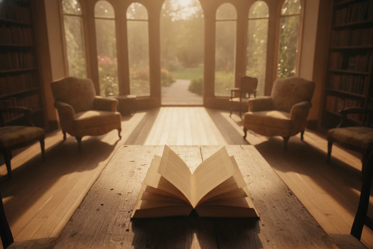An open book on a wooden table in a sunlit room, pages slightly turning with the wind.