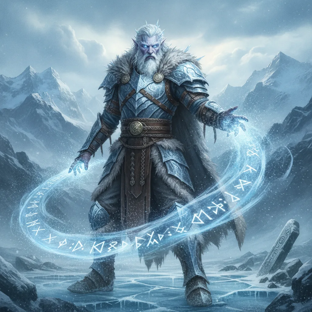 A fae lord in Norse armor with frost-tipped fingers, standing against icy mountains, under diffused light.