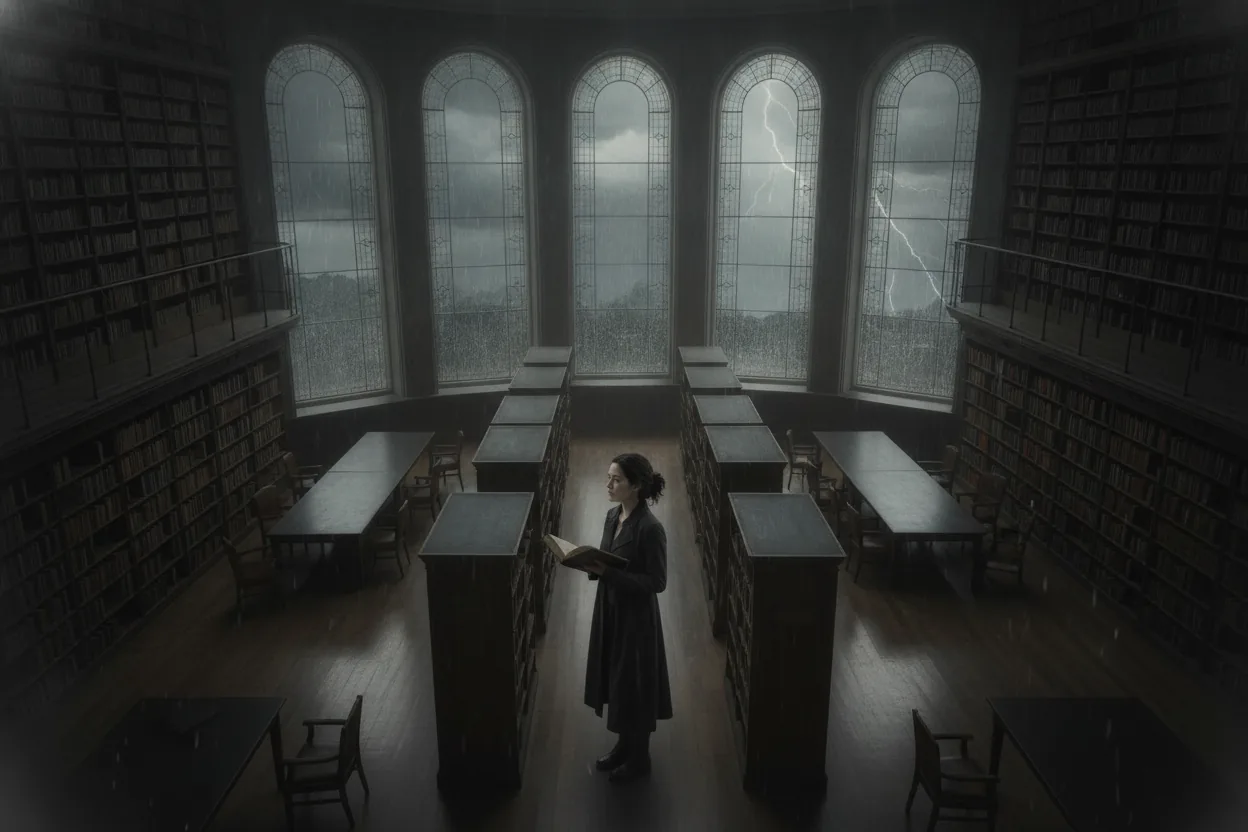 A woman stands alone in a library, surrounded by towering bookshelves and a visible storm through large windows.