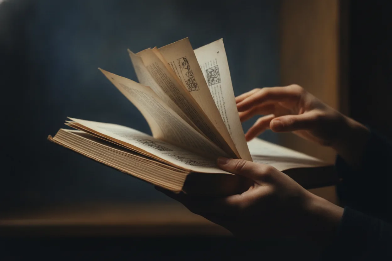 Close-up of a hand holding an open book, pages turning in the wind.