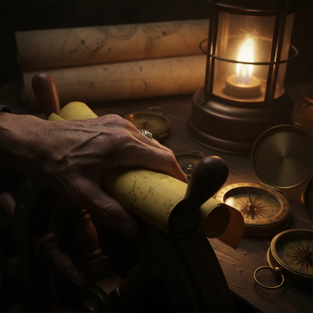 Close-up of a hand holding a map over a ship's wheel, with compasses and star charts in lantern light.
