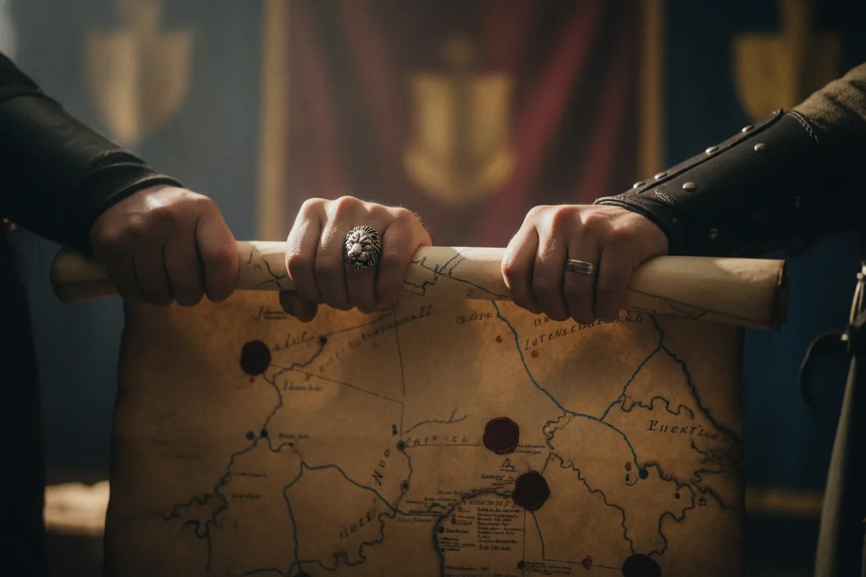 Close-up of hands gripping a map with strategic markings, intense focus on the map.