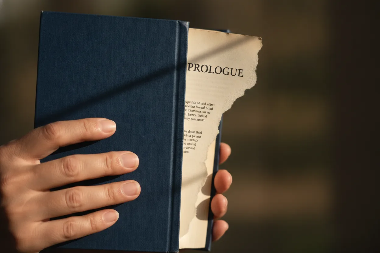 Hands holding an open book showing a torn page titled 'Prologue'.