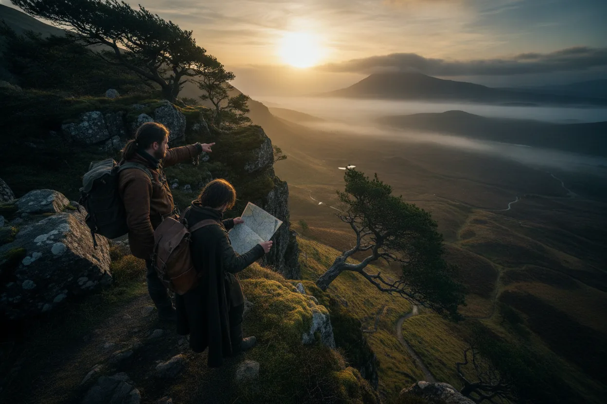 Two figures standing at the edge of a misty cliff, overlooking a vast landscape that resembles the Scottish Highlands.