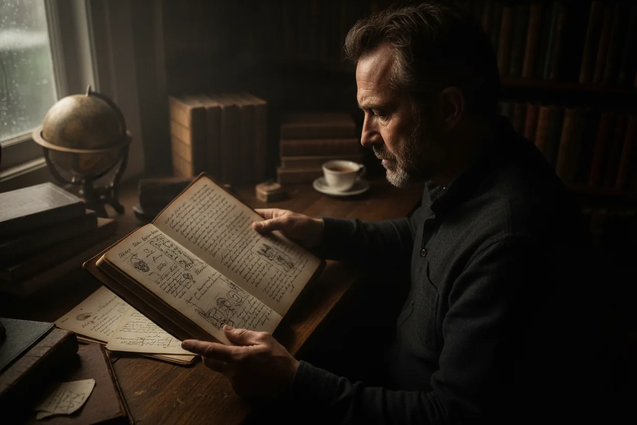 A man looking intently at an old, open journal in a dimly lit room.