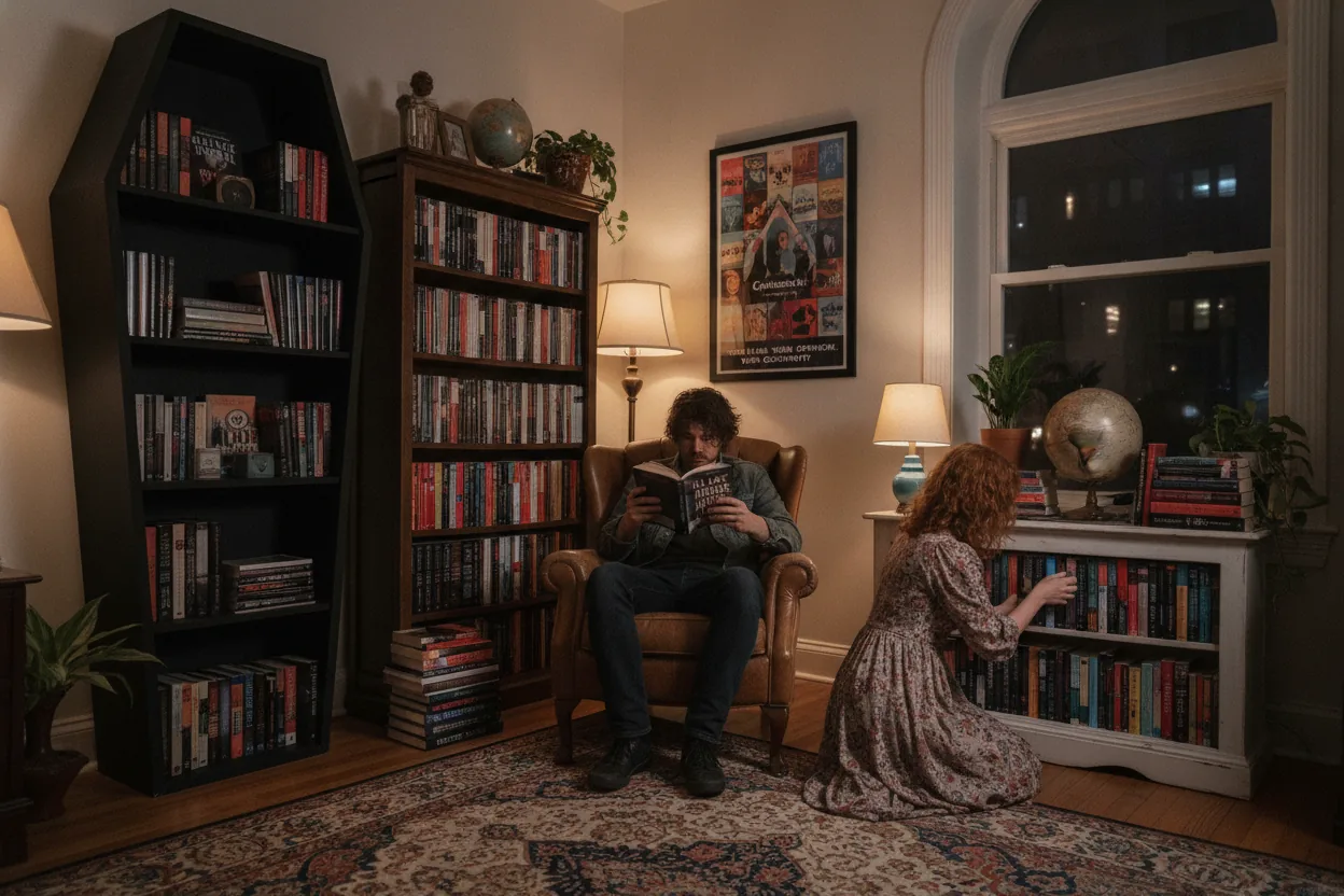A living room with a Criterion Collection shelf, a coffin-shaped bookshelf, and a man reading a book while a woman arranges her own collection.
