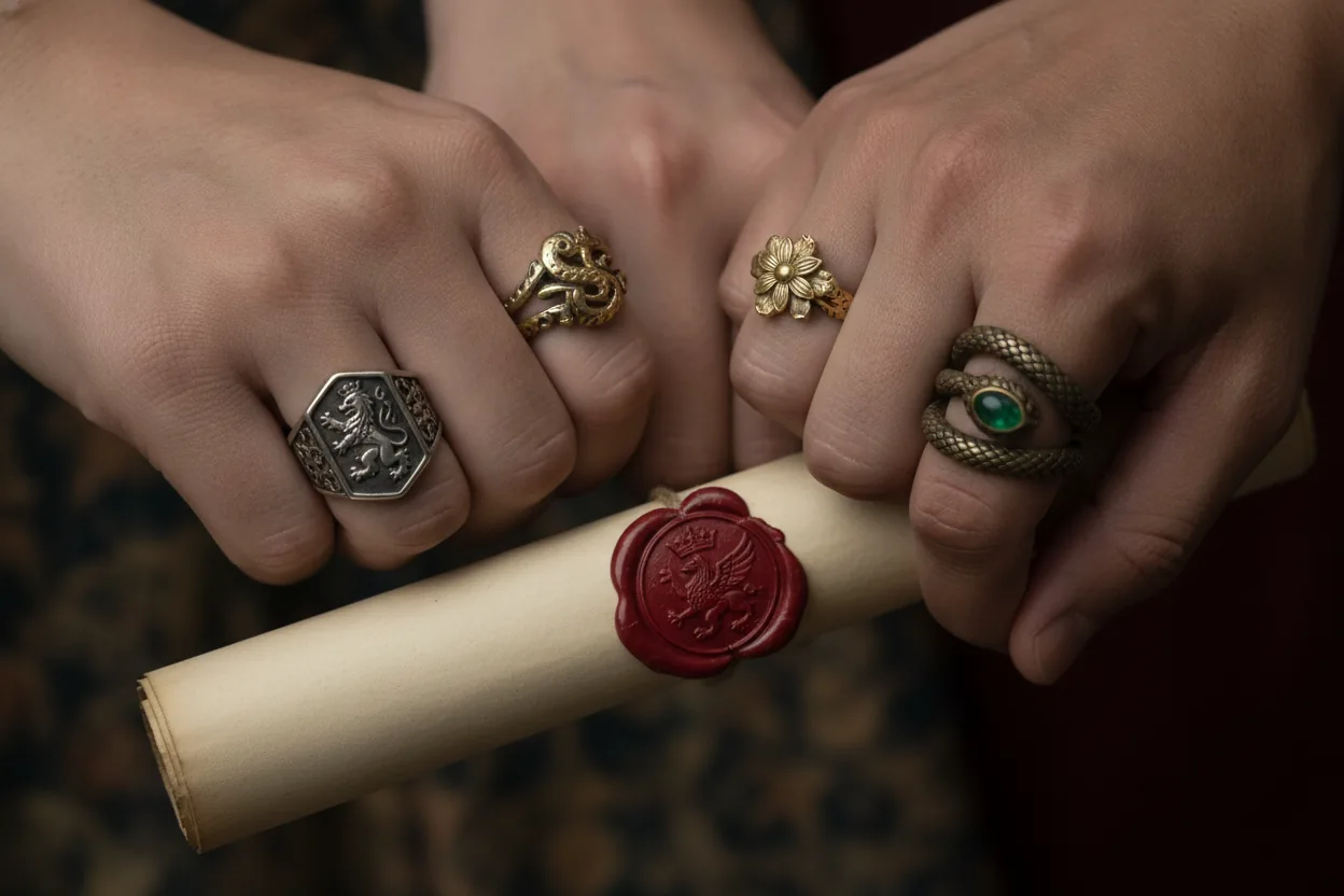Close-up of intertwined hands wearing royal rings, holding a scroll with a wax seal.