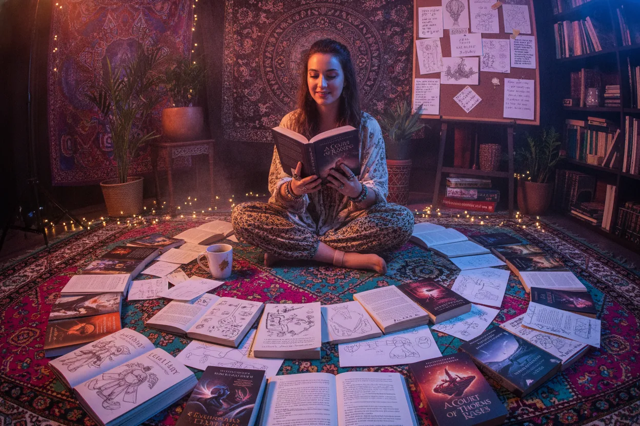 A woman seated cross-legged on a carpet, surrounded by open books and notes, intensely reading a novel.