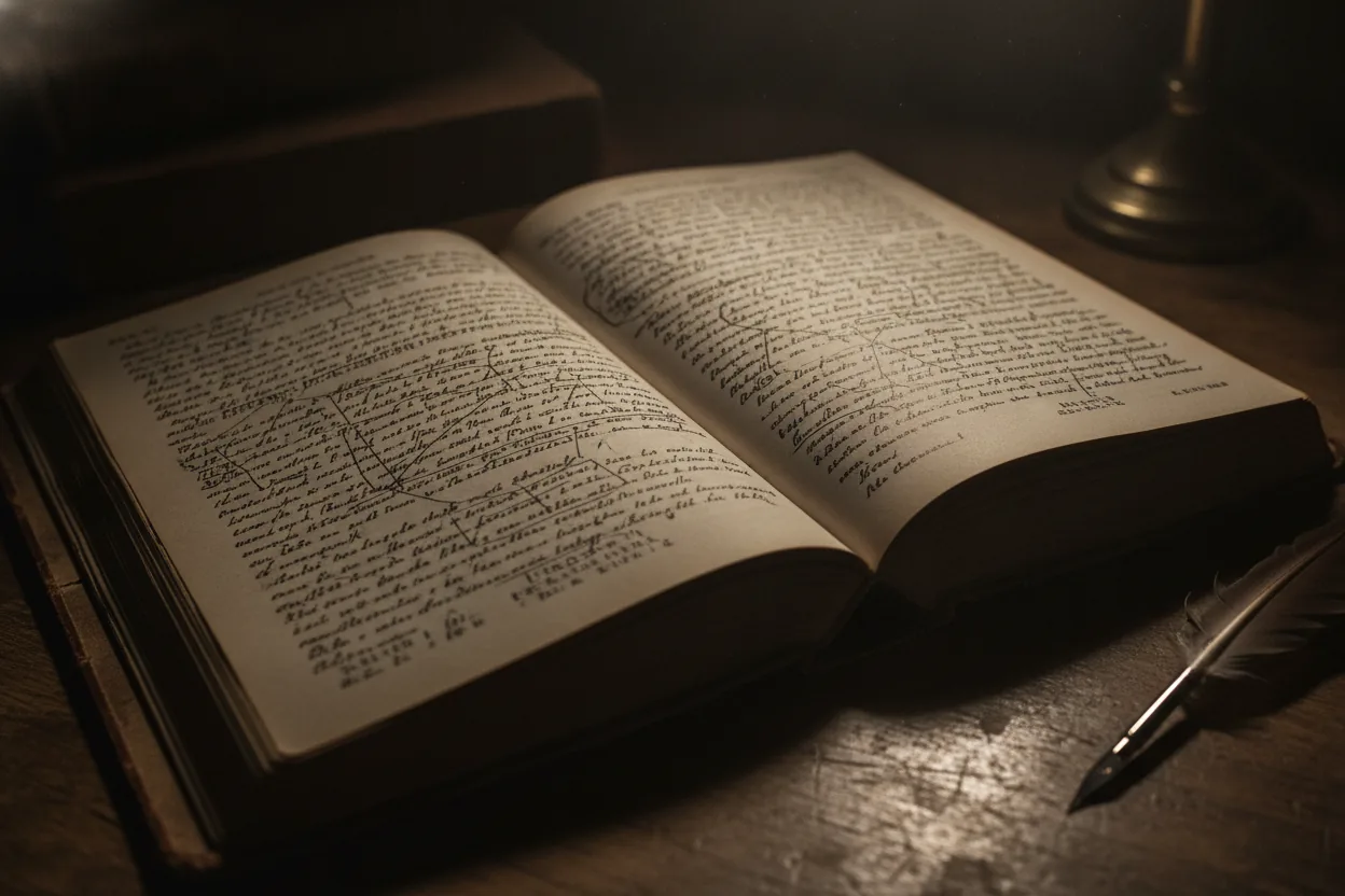 Close-up of an open book on a desk, with underlined text and margin notes connected by arrows, under dramatic lighting.