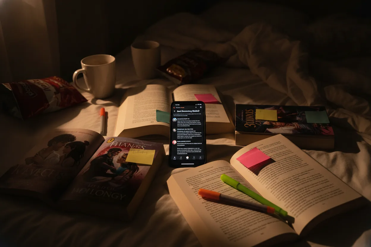 A collection of romance novels with a phone displaying an online discussion about romantasy books.