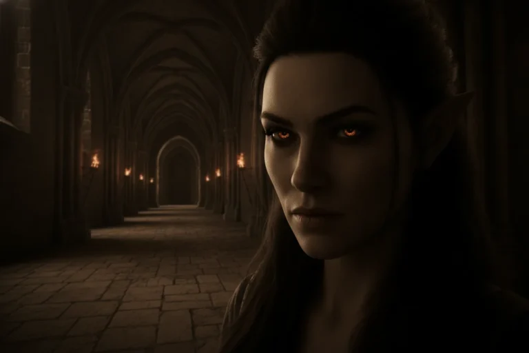 A dramatic image of Sable Veyrath in a dim hallway, partially hidden in shadows with intense eyes, gothic architecture in the background.