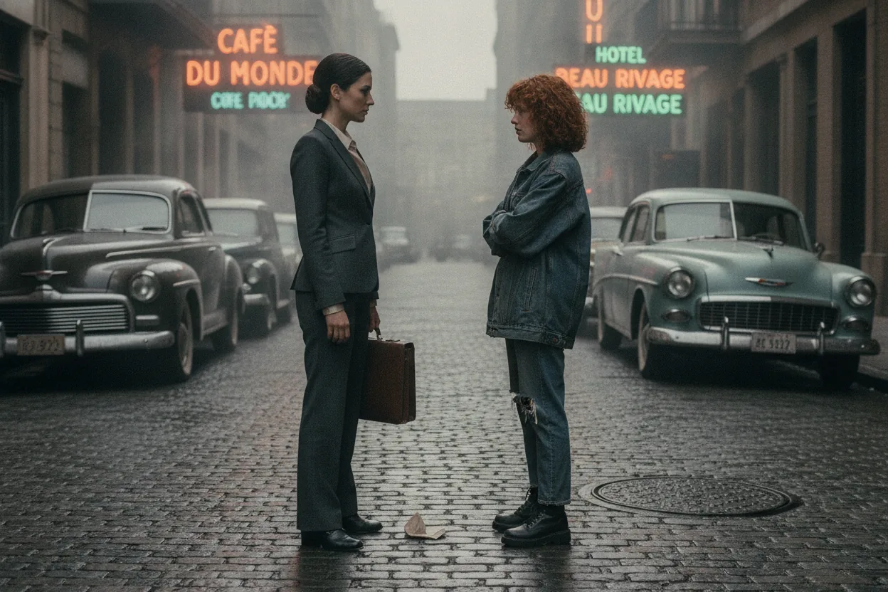 Two women standing on a narrow city street, one in tailored attire, contrasting with the cityscape backdrop.