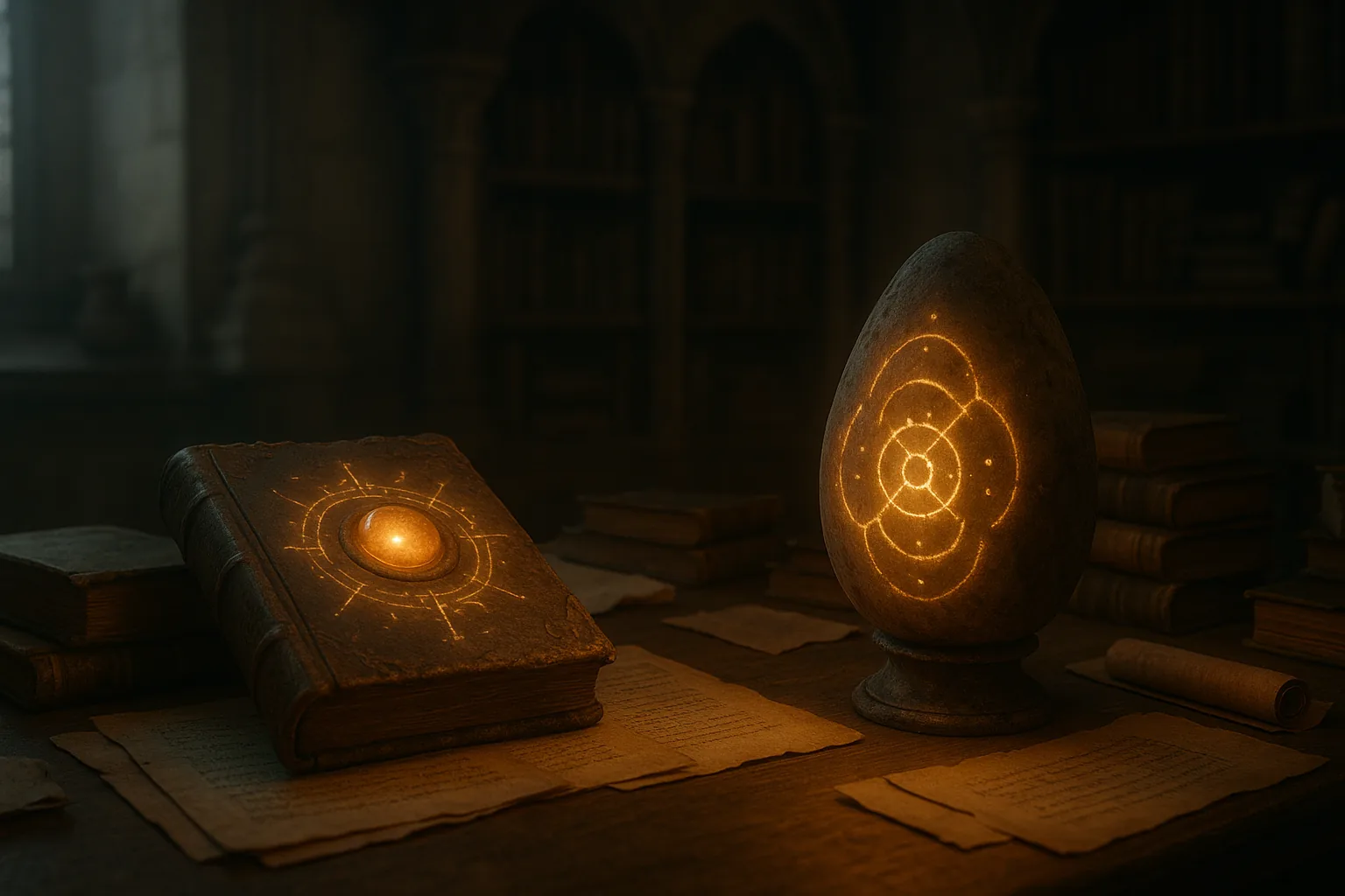 A chamber filled with books and glowing artifacts on a table, seemingly interacting with each other.