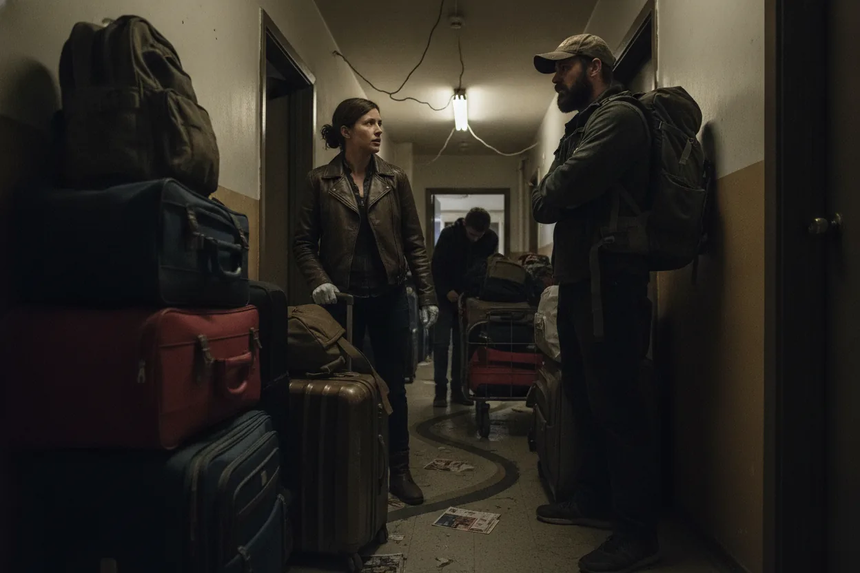 Three people in a narrow apartment corridor with luggage piled along the walls.