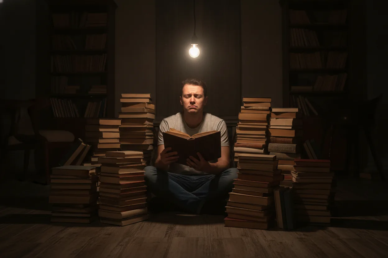 A person sits surrounded by piles of books, deep in thought as they organize them.