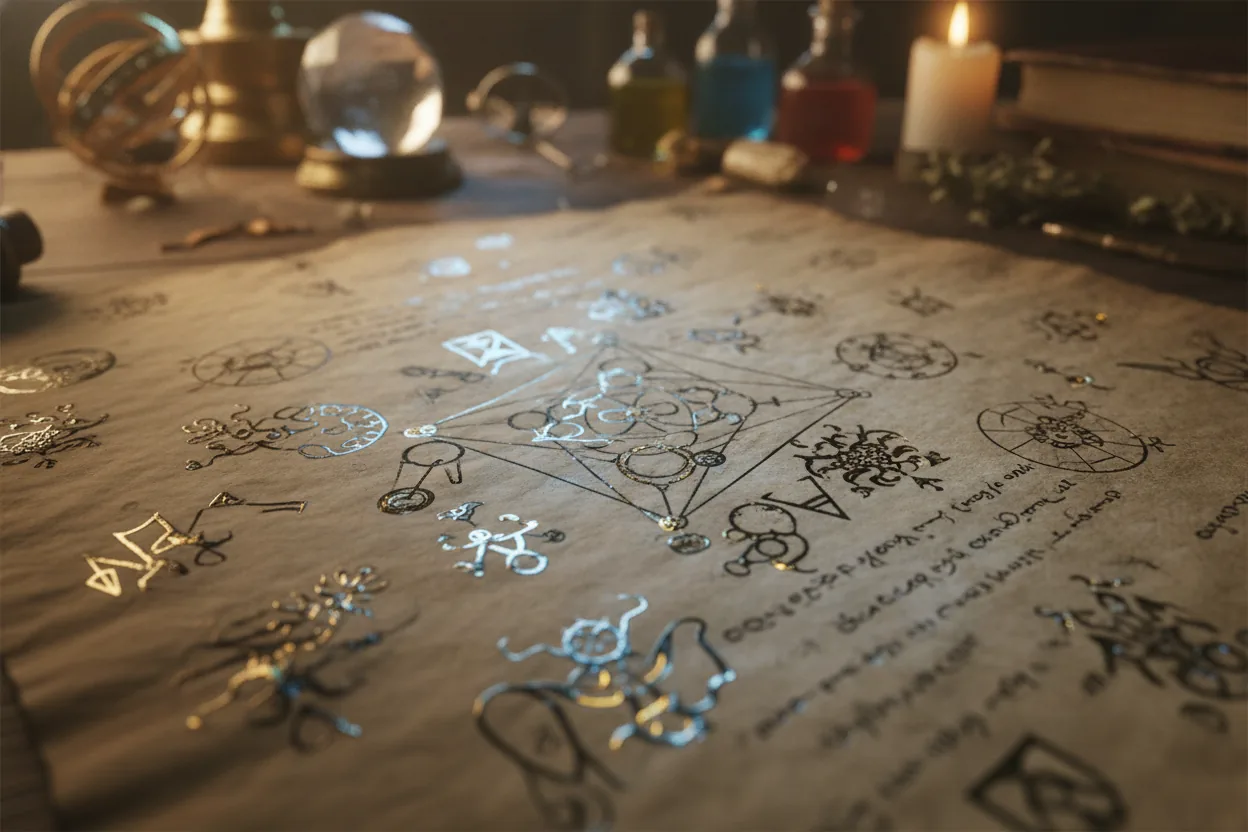 Close-up of a parchment with detailed arcane symbols and diagrams, with a blurred worktable in the background.