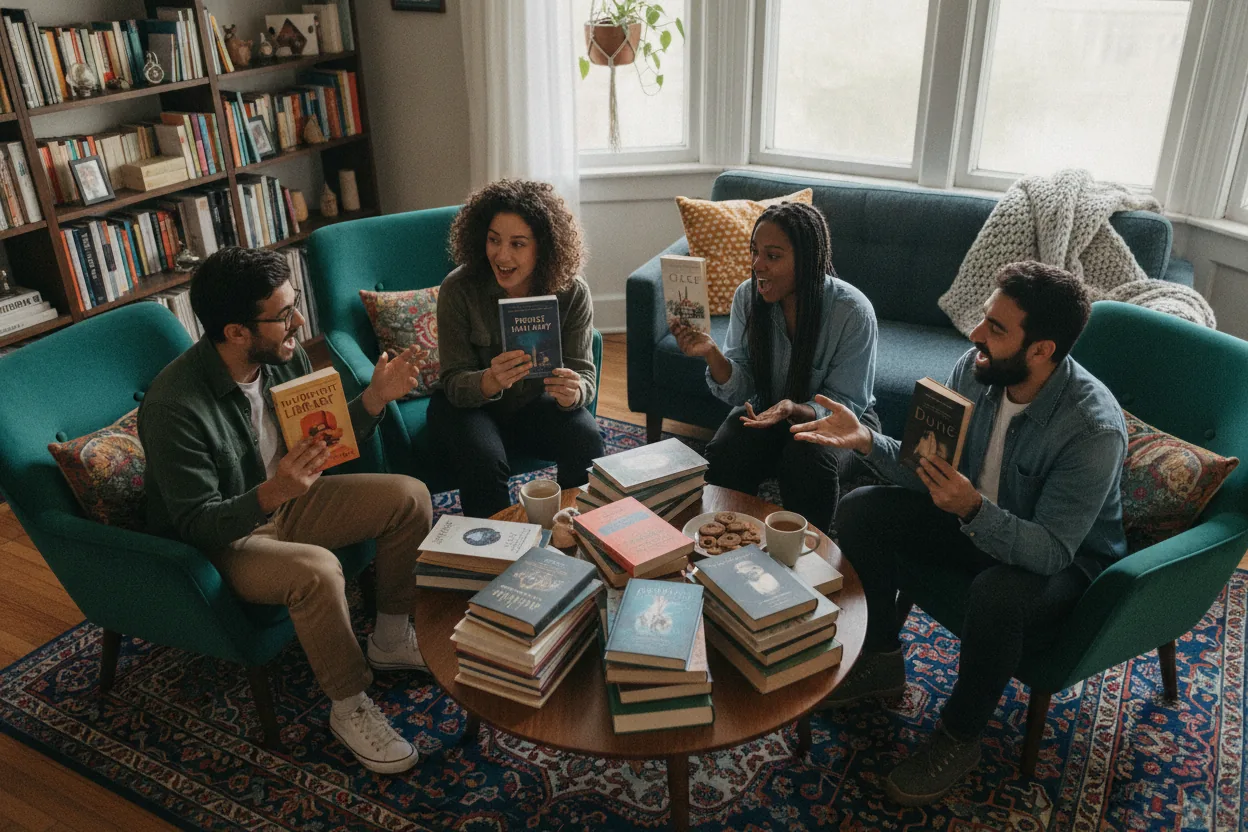 People sitting around a coffee table, discussing books, with a bookshelf in the background.